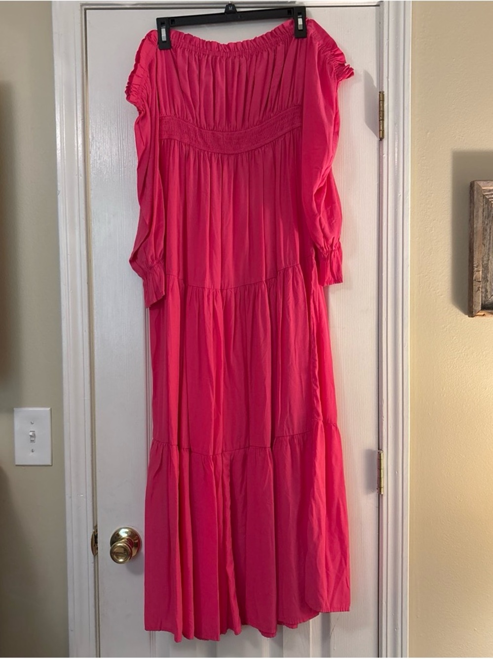 Amazon Hot Pink Off-Shoulder Tiered Maxi Dress